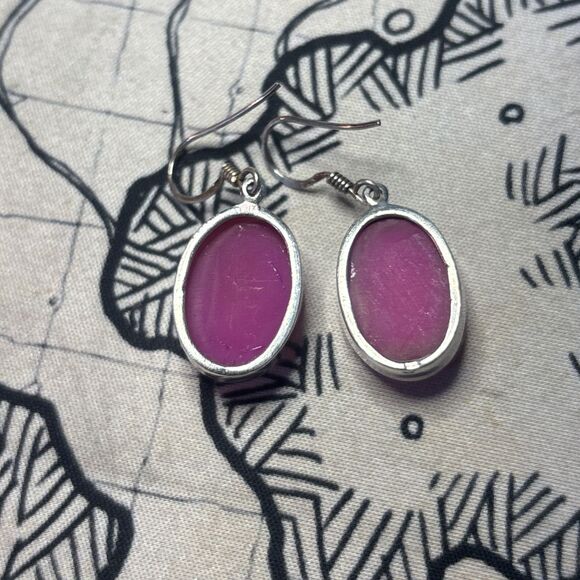 Pink Druzy 925 Sterling Silver Polished Stone Oval Shaped Dangle Earrings - Picture 6 of 6